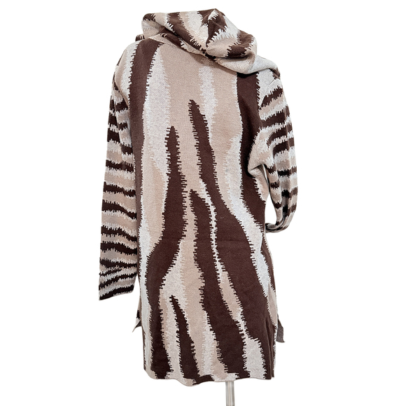 NWT MaxSport Hooded Waterfall cardigan long duster chevron brown beige zebra XL - Picture 2 of 7